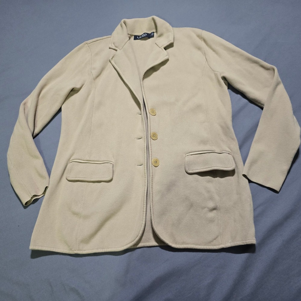 Lauren Ralph Lauren Knit Blazer Women Large Beige Cotton Blend 3-Button Cardigan